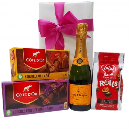 Belgische chocolade en champagne in een Belgische geschenk